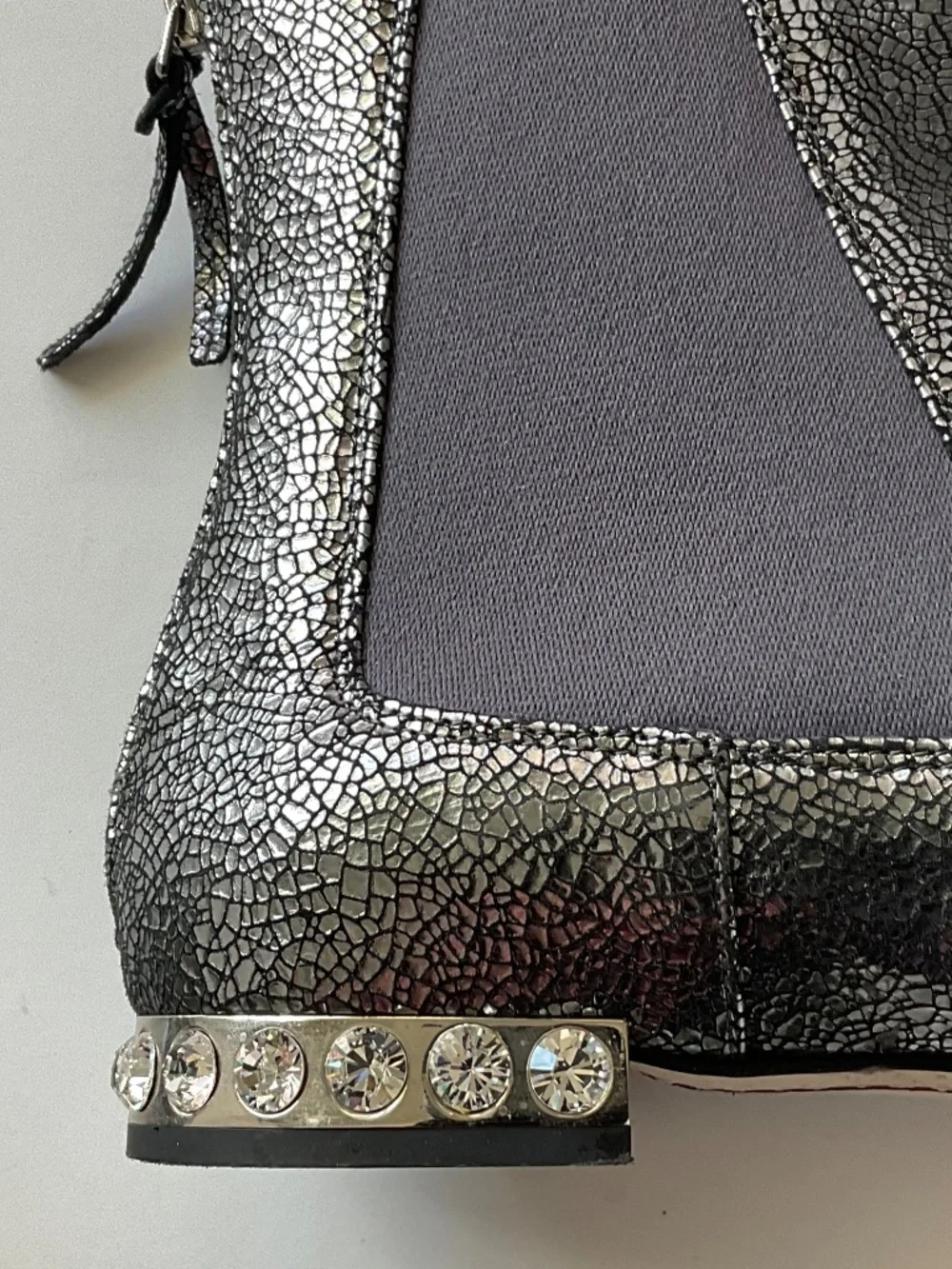 MIU MIU Crackled Silver Metallic Leather Crystal Heel Ankle Boots Sz EU 37